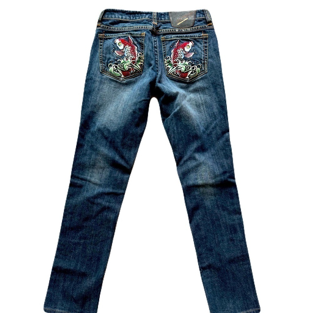 Women's Vintage Ed Hardy Koi Fish Embroidered Butt Pocket Denim Jeans Y2K Size27